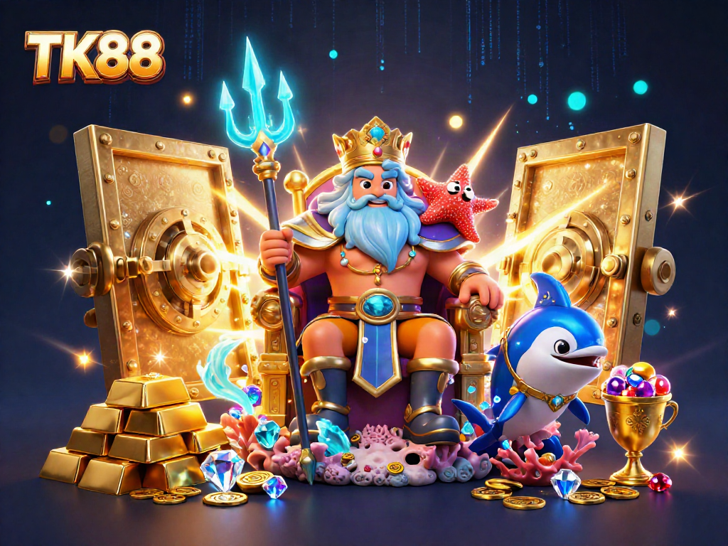 Win big with TK88 in a vibrant casino scene filled with treasures and gaming excitement.