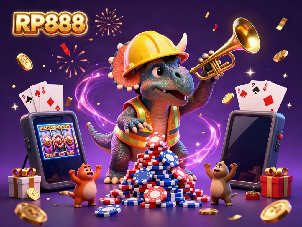 Engage with RP888 as the lively characters celebrate in a vibrant casino environment filled with gaming elements.