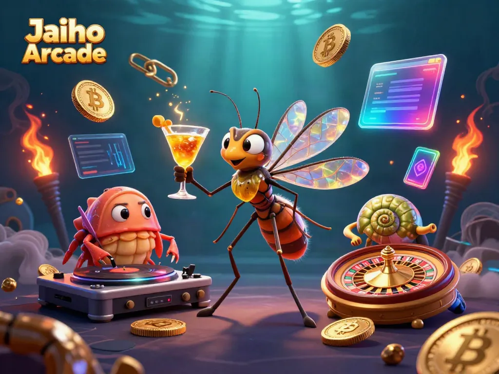 Experience the thrill of Jaiho Arcade with dynamic casino-themed characters and cryptocurrency elements.