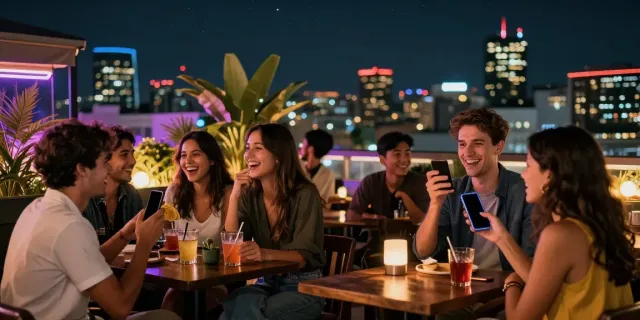 Suasana kehidupan malam bokep yang meriah di bar rooftop, penuh tawa dan kebahagiaan.