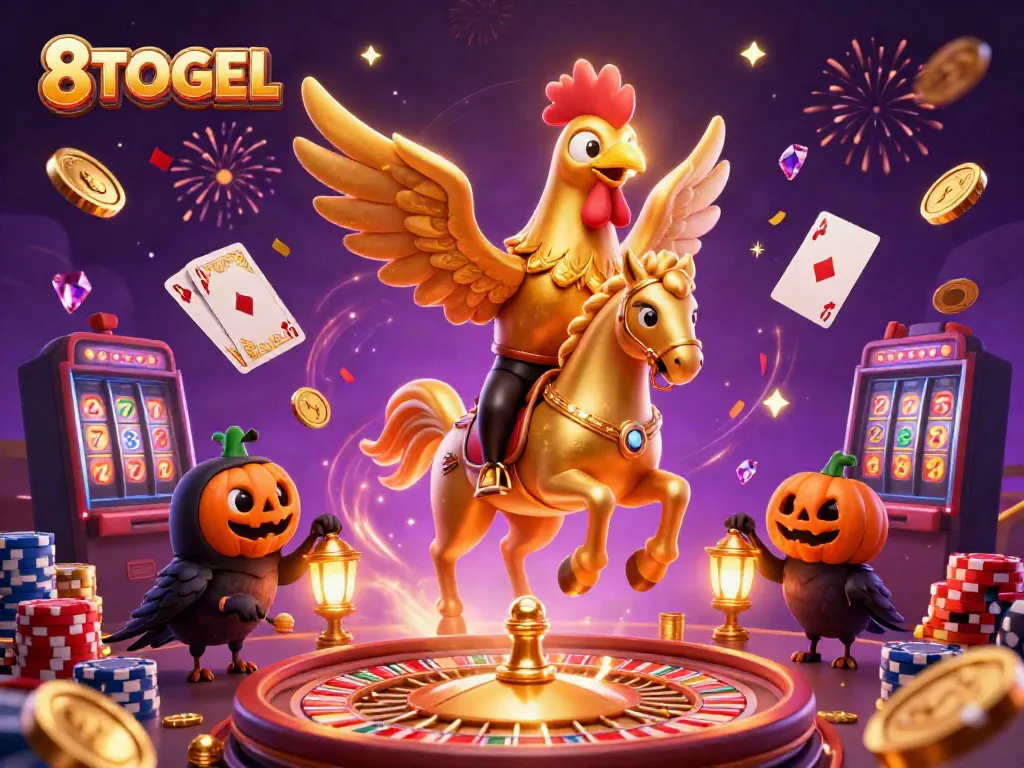 Experience the thrill of 8TOGEL with vibrant casino elements and engaging characters in an exciting illustration.