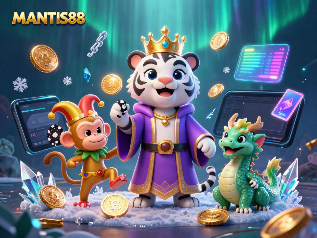 Join MANTIS88 in a thrilling 3D scene with a tiger, monkey, and dragon, partaking in gambling excitement.