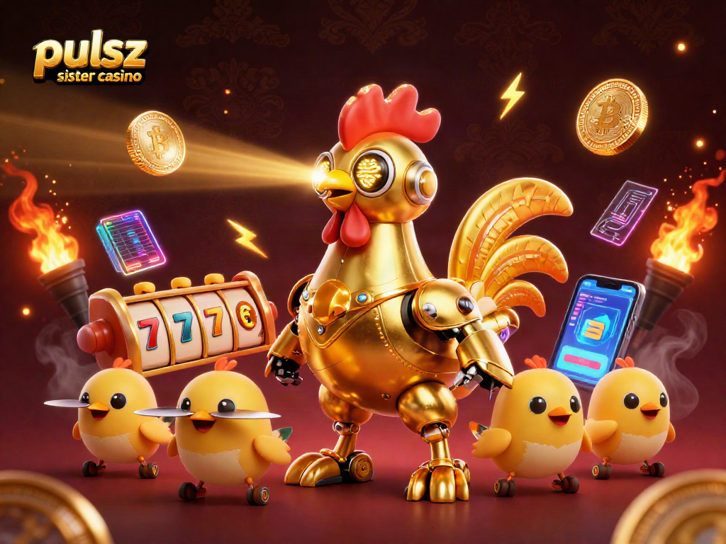 Pulsz sister casino vibrant scene featuring a golden rooster robot and baby chick drones in a dynamic casino setting