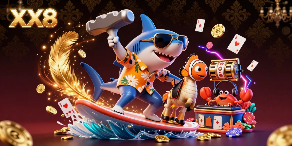 Immerse in the gamification of XX8 with a vibrant casino scene featuring characters and elements of excitement.