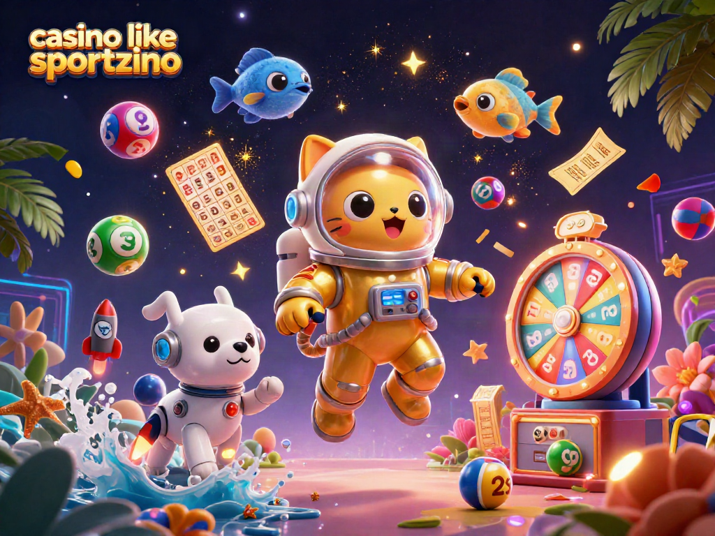 Engage in fun with a casino like sportzino experience, illustrated by a cartoon cat and dynamic game elements.