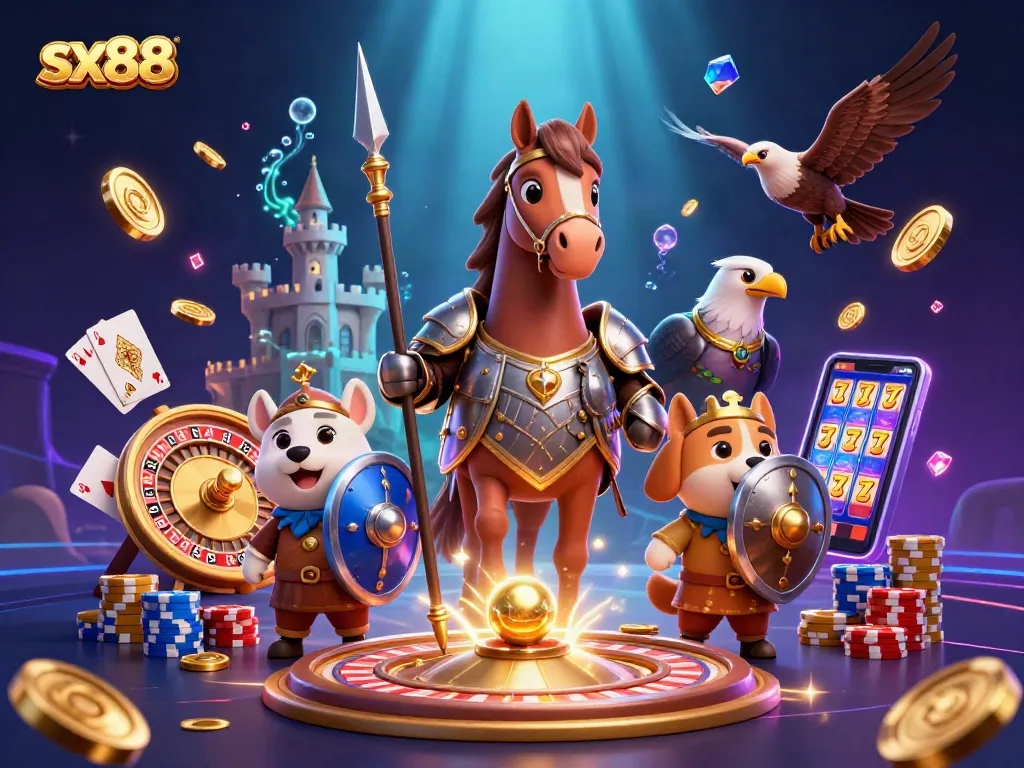 Engage with sx88 at our vibrant casino scene featuring a knight, squire, and falcon.