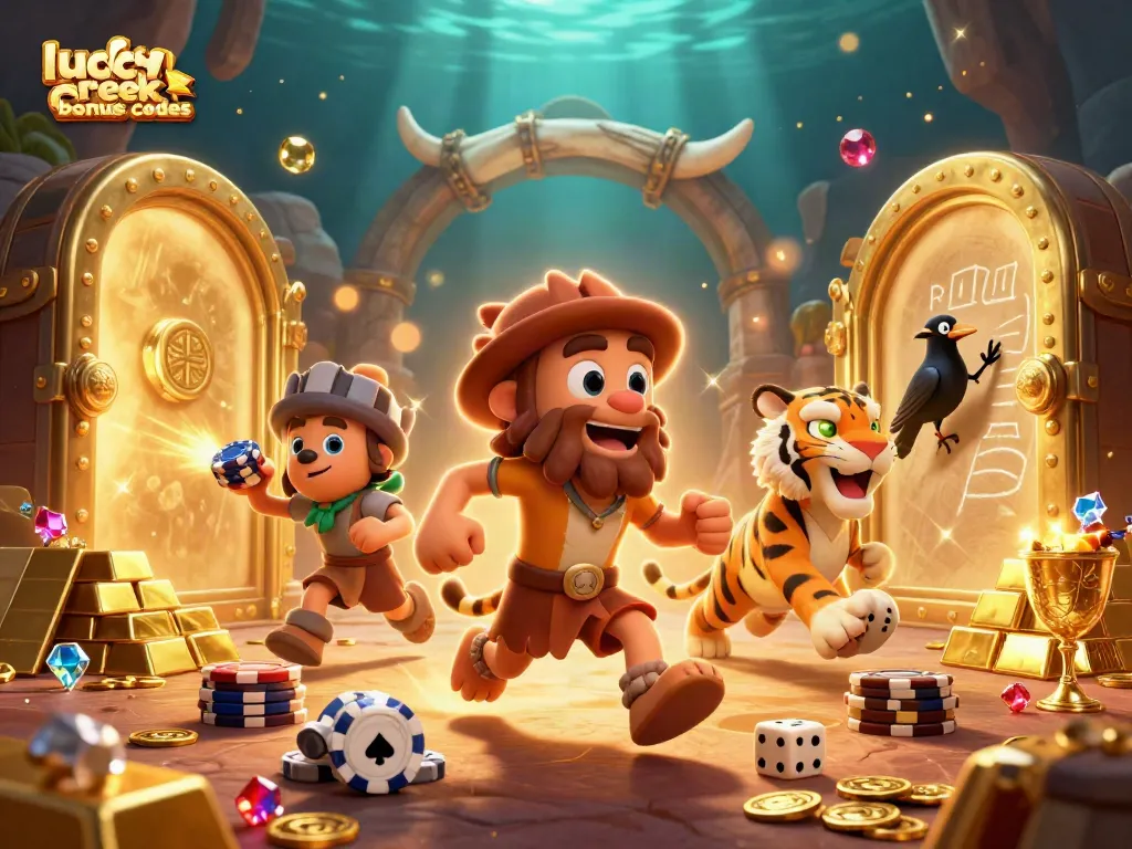 Explore exciting lucky creek bonus codes with caveman and tiger duo in a vibrant casino scene.