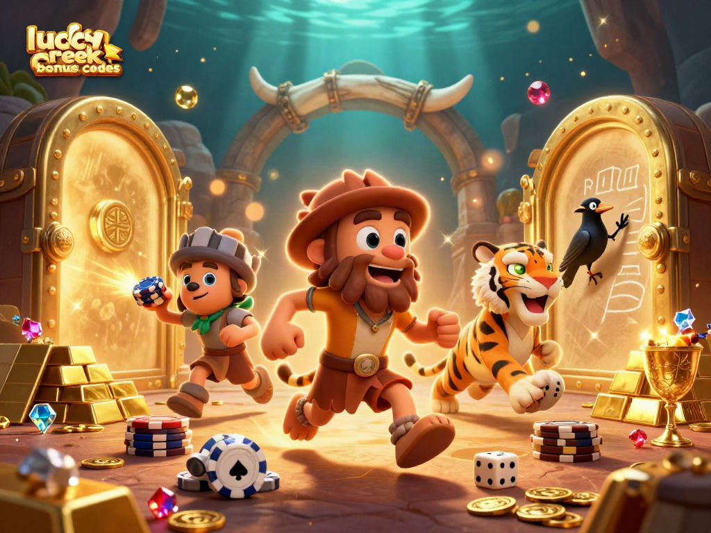 Explore exciting lucky creek bonus codes with caveman and tiger duo in a vibrant casino scene.