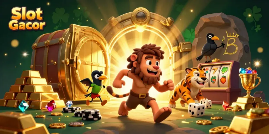 Engage in thrilling Slot Gacor gameplay with our cartoon caveman and tiger in a rich casino scene.