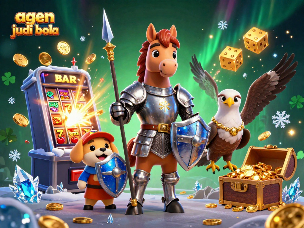 Engage with agen judi bola through an exciting casino scene featuring knights, puppies, and golden treasures.