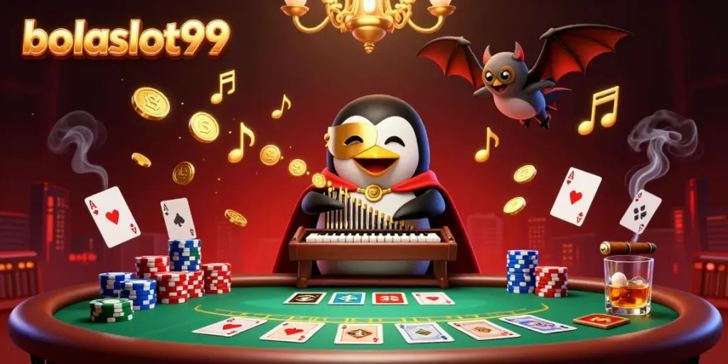Experience the excitement of bolaslot99 as a penguin plays a golden pipe organ releasing coins in a vibrant casino scene.