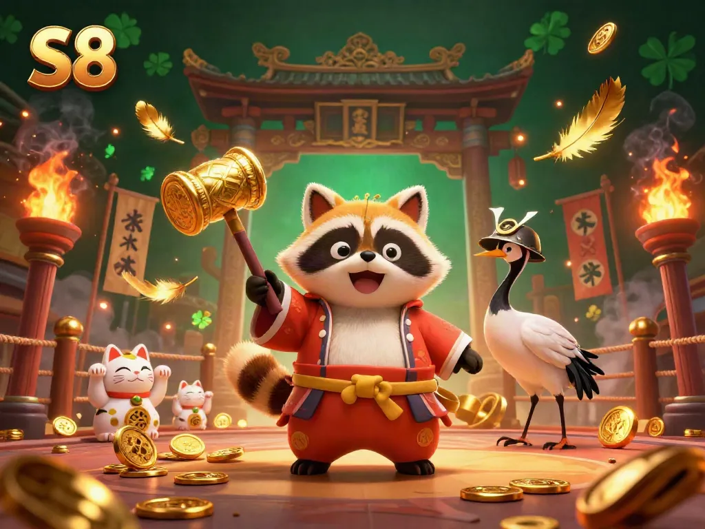 Experience thrilling gameplay at S8 with cheerful tanuki, lucky cats, and vibrant casino elements.