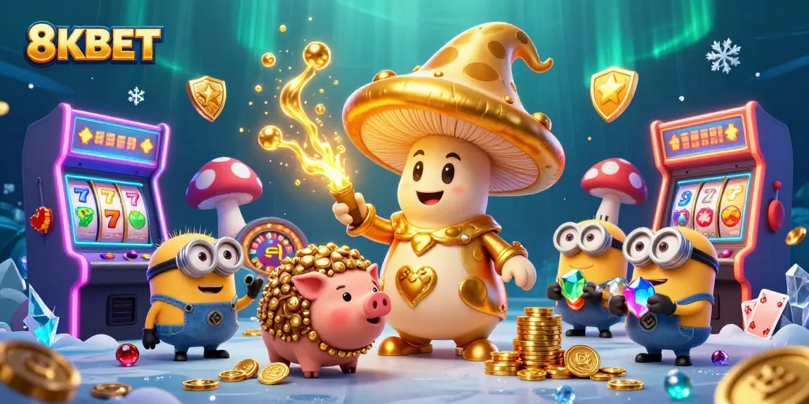 Experience thrilling magic and treasure hunting at 8KBET with slot reels, game elements, and vibrant characters.