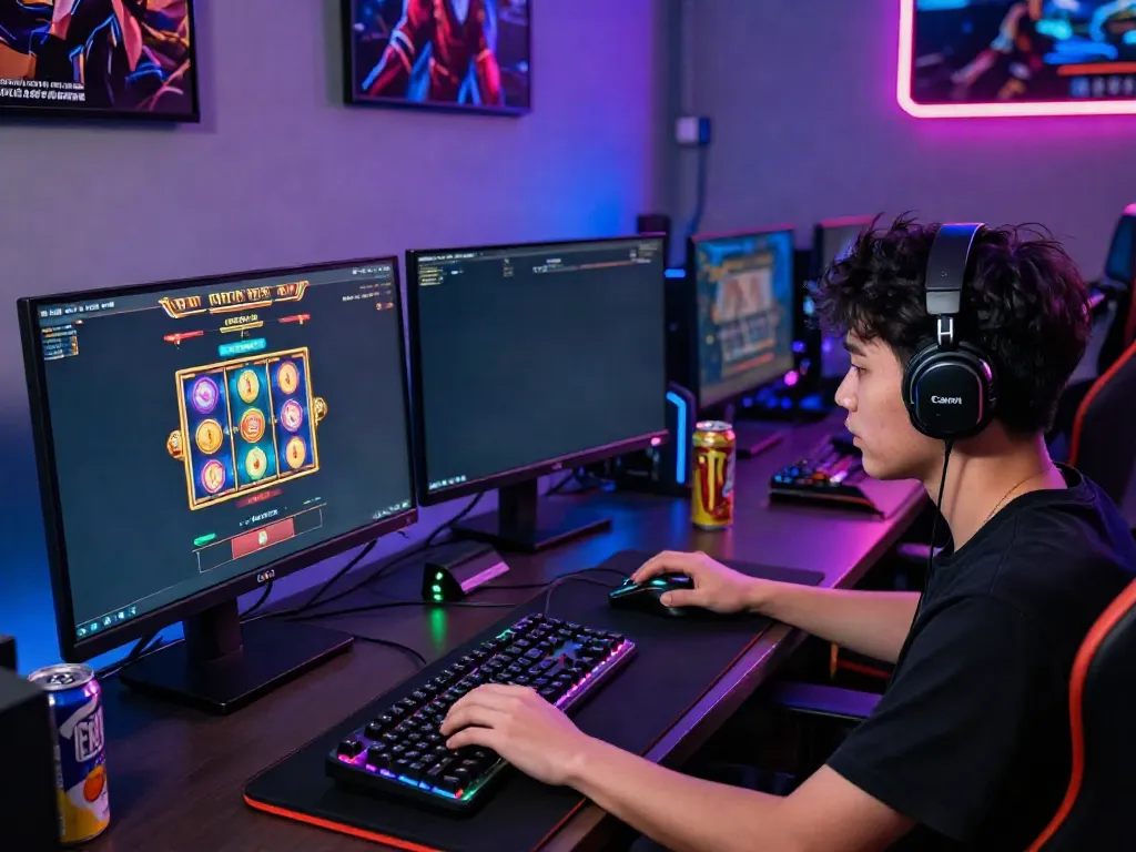 Engaging user playing QQMacan online slots on a modern gaming setup.