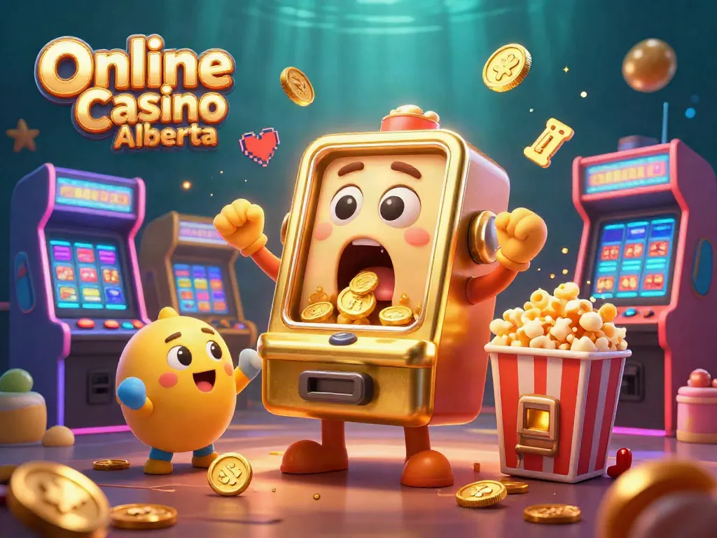Play exciting games at Online Casino Alberta with a vibrant 3D cartoon illustration of slot machines and golden coins.