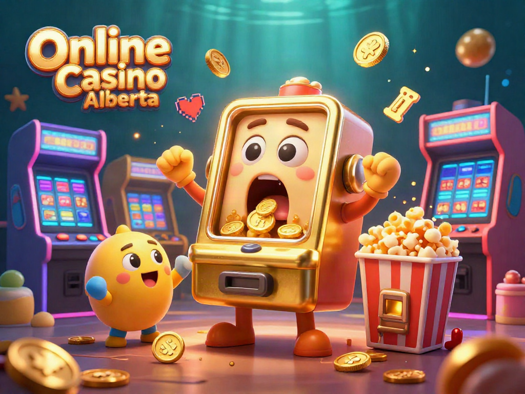 Play exciting games at Online Casino Alberta with a vibrant 3D cartoon illustration of slot machines and golden coins.