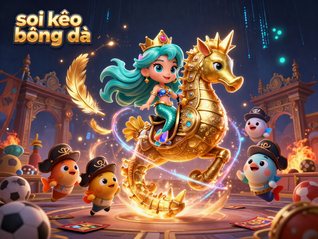 Bet on soi kèo bóng đá in a vibrant scene with a mermaid princess and sports elements.