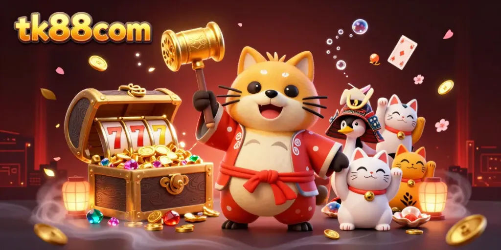 Spin to win with tk88 com, featuring a cheerful tanuki, slot reels, and vibrant treasures in a lively casino scene.