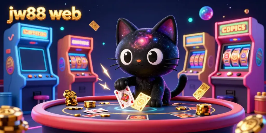 Engaging scene featuring jw88 web's unique 3D cosmic casino with a black hole cat and a nebula fox.