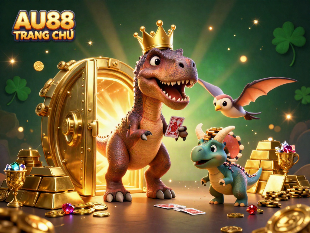 Engage in exciting gameplay at AU88 TRANG CHỦ with a fun 3D T-Rex character and treasures.