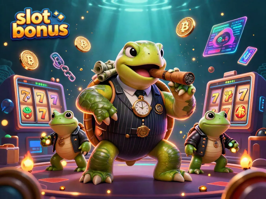 Experience thrilling slot bonuses with a lively scene featuring a cartoon turtle in a mobster suit and bullfrog enforcers.