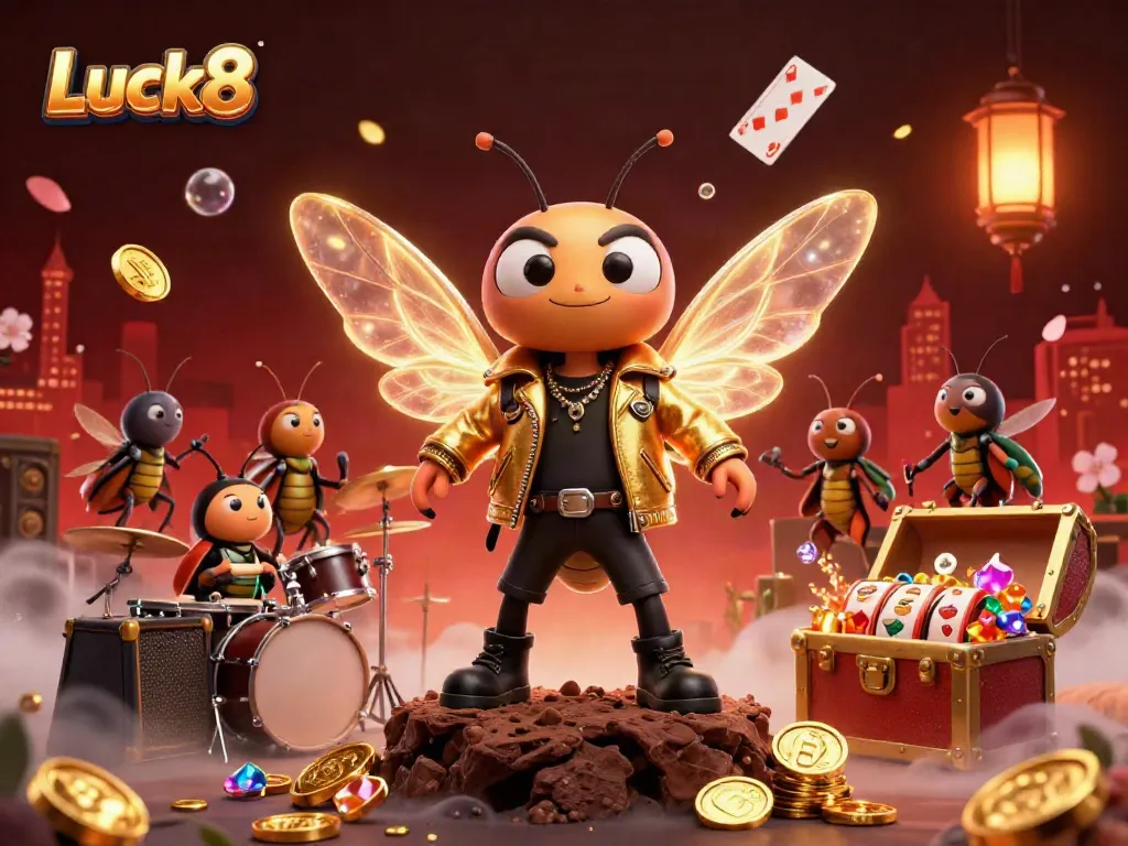 Spin to win with Luck8 in this vibrant casino-themed illustration featuring a rock star cicada.