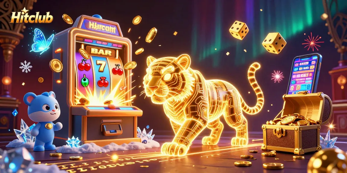 Engage with Hitclub’s exciting casino games featuring a golden tiger and vibrant slot machine thrills.