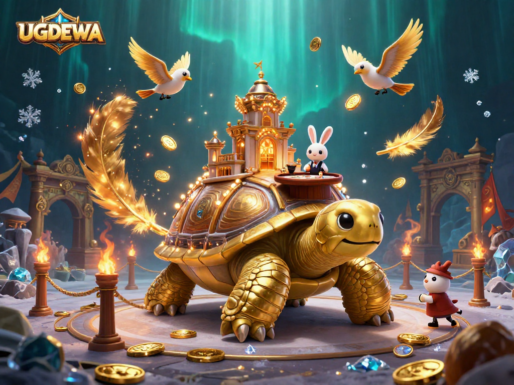 Experience thrilling moments in UGDEWA's vibrant casino world filled with sparkling coins and a lively dealer.