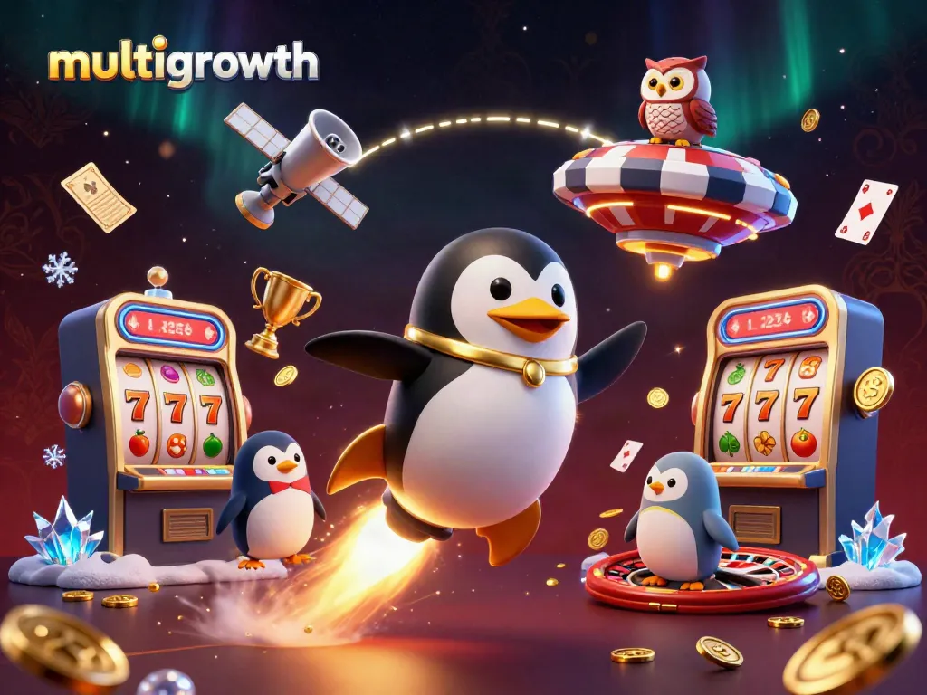 Watch multigrowth strategies unfold with a golden penguin racing toward a vibrant casino space station.