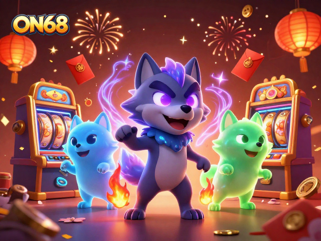 Experience ON68's thrilling gaming atmosphere with slot machines, spirit wolves, and festive elements in a vibrant 3D illustration.