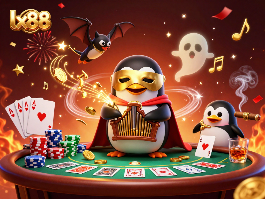 lx88 showcases the whimsical casino world with a penguin playing an organ, coins flying in the air
