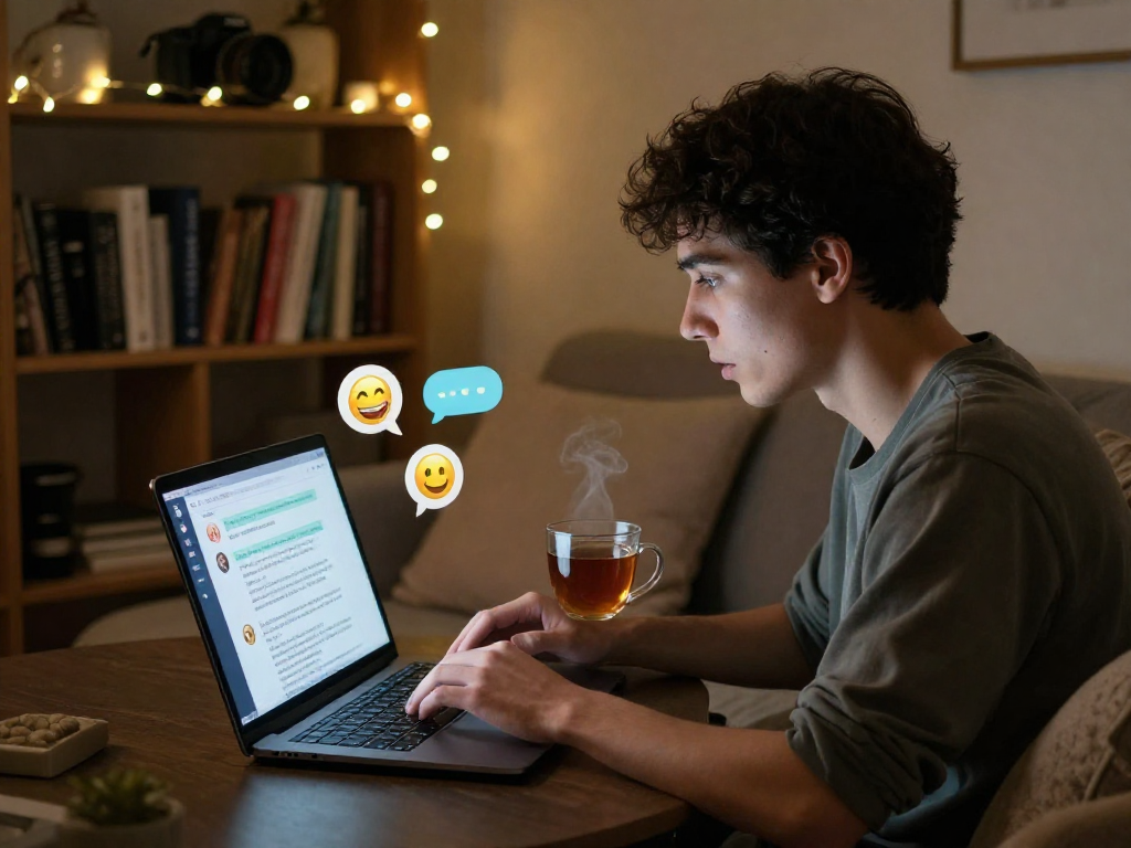 Engaging in an ai porn chat conversation in a cozy room.