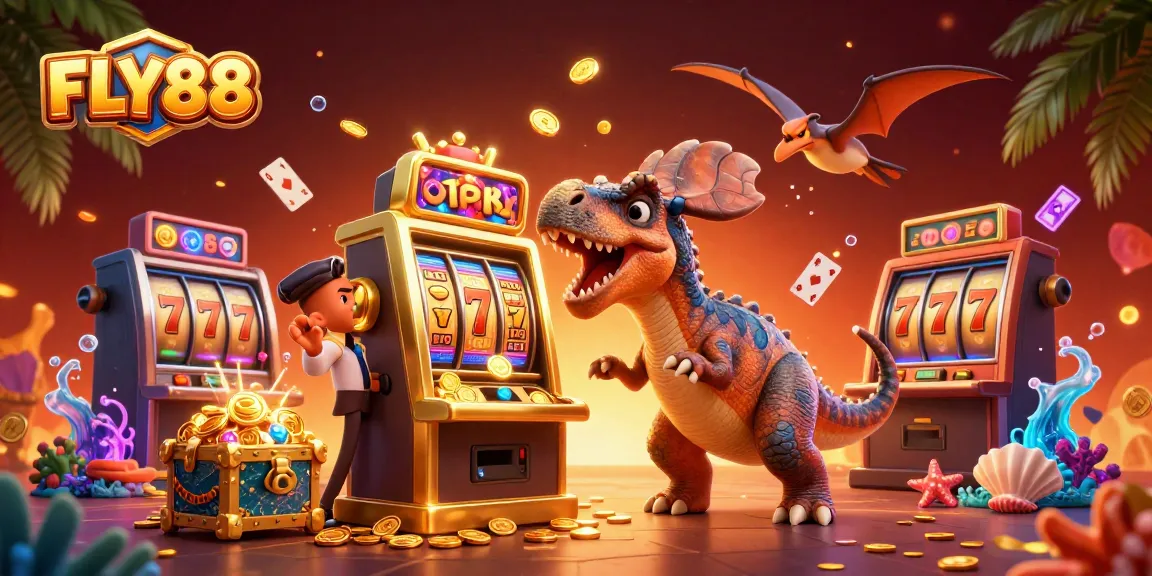 FLY88 captivates players with a lively casino scene featuring a dinosaur-themed jackpot experience.