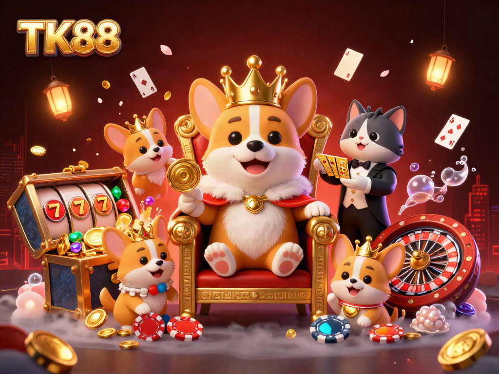 Engage in thrilling casino gameplay with TK88 featuring a royal corgi, poker chips, and vibrant slot reels.