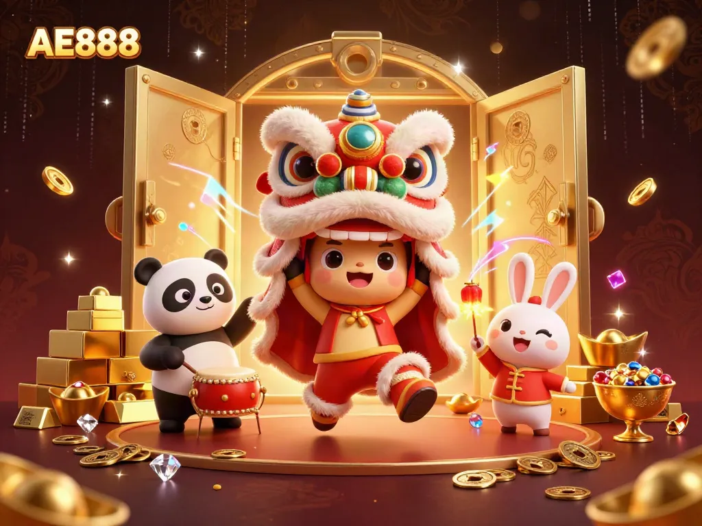 Experience the excitement of AE888 with festive characters and treasures in a vibrant casino scene.