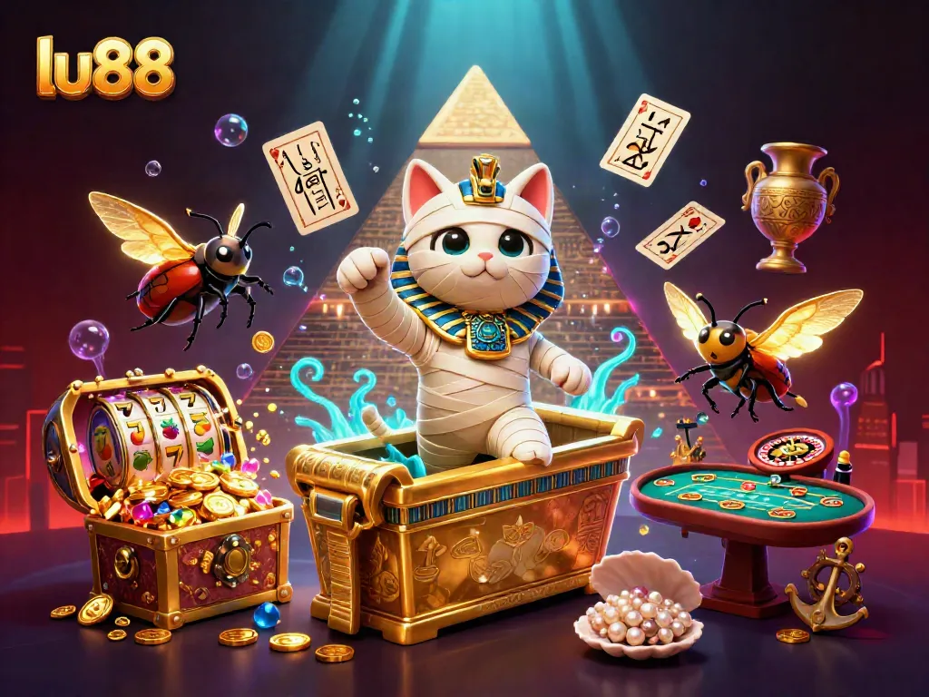 Experience the thrill of lu88 casino gaming with a vibrant mummy cat and glowing scarab in action.