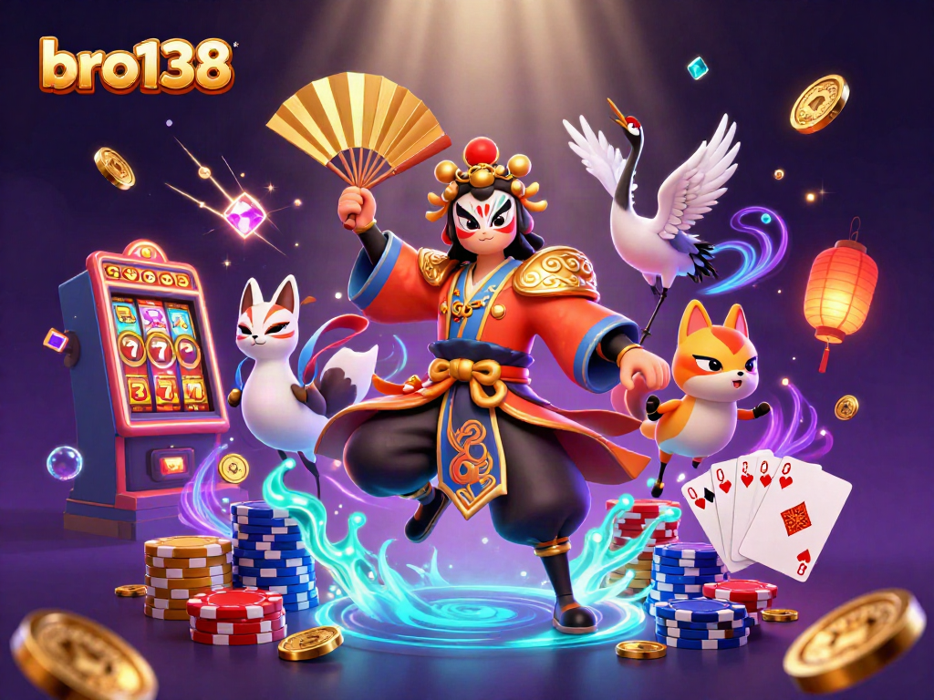 Engage with bro138's vibrant slot machine action featuring playful characters and casino elements.