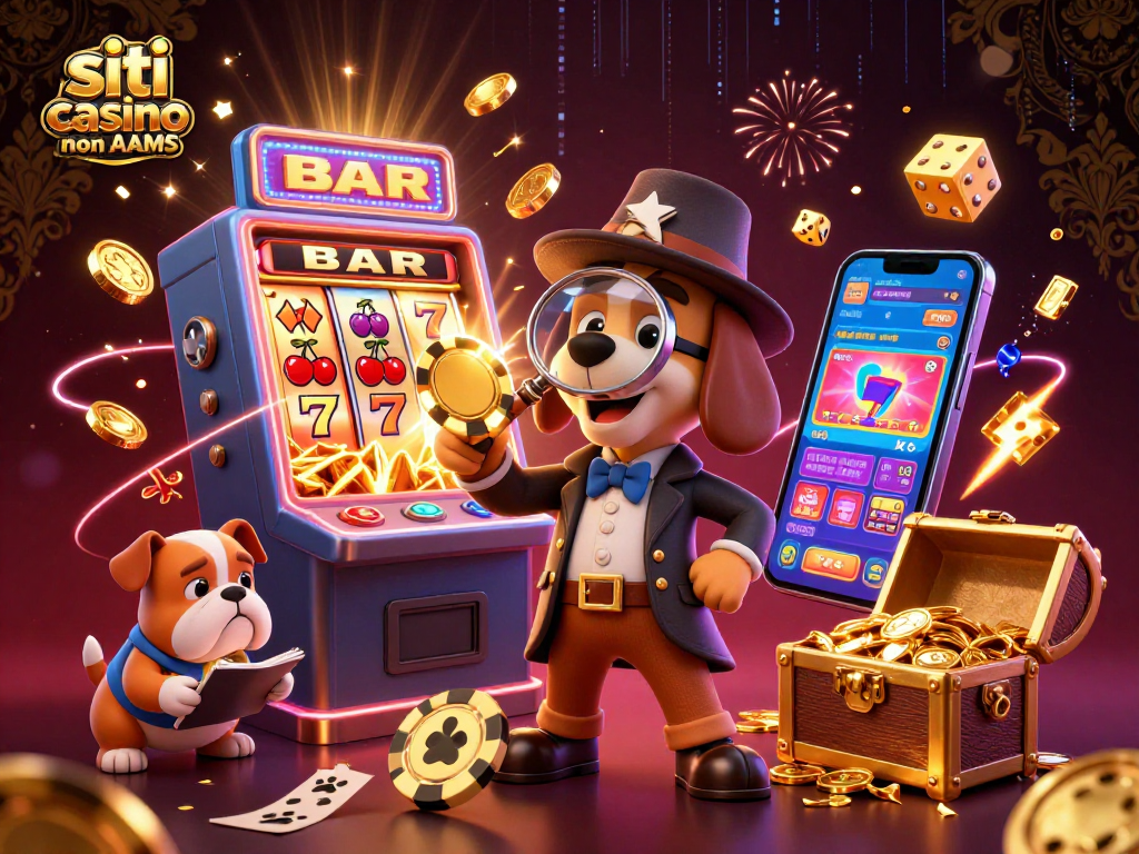 Siti casino non AAMS: scena dinamica di un detective in un casinò con giochi e monete d'oro volanti