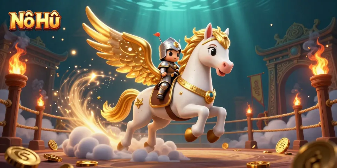 Experience Nổ Hũ with a vivid 3D illustration of slots, coins, and an armored knight.