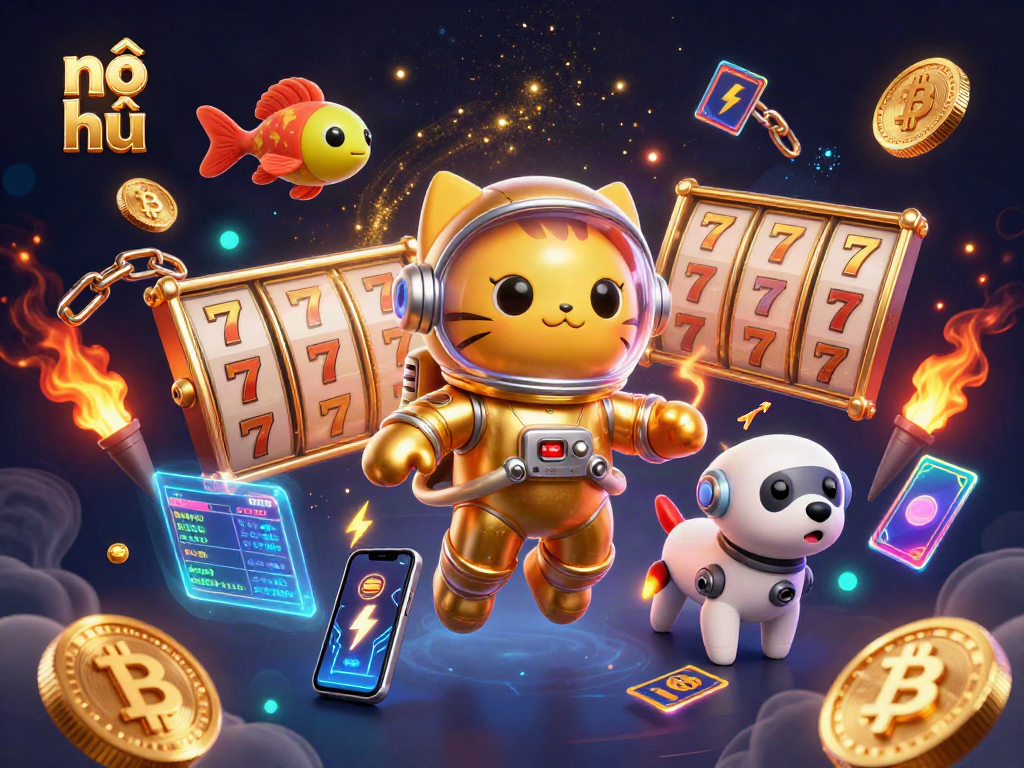 Engaging nổ hũ illustrated scene with a space cat and robot dog amidst casino elements.