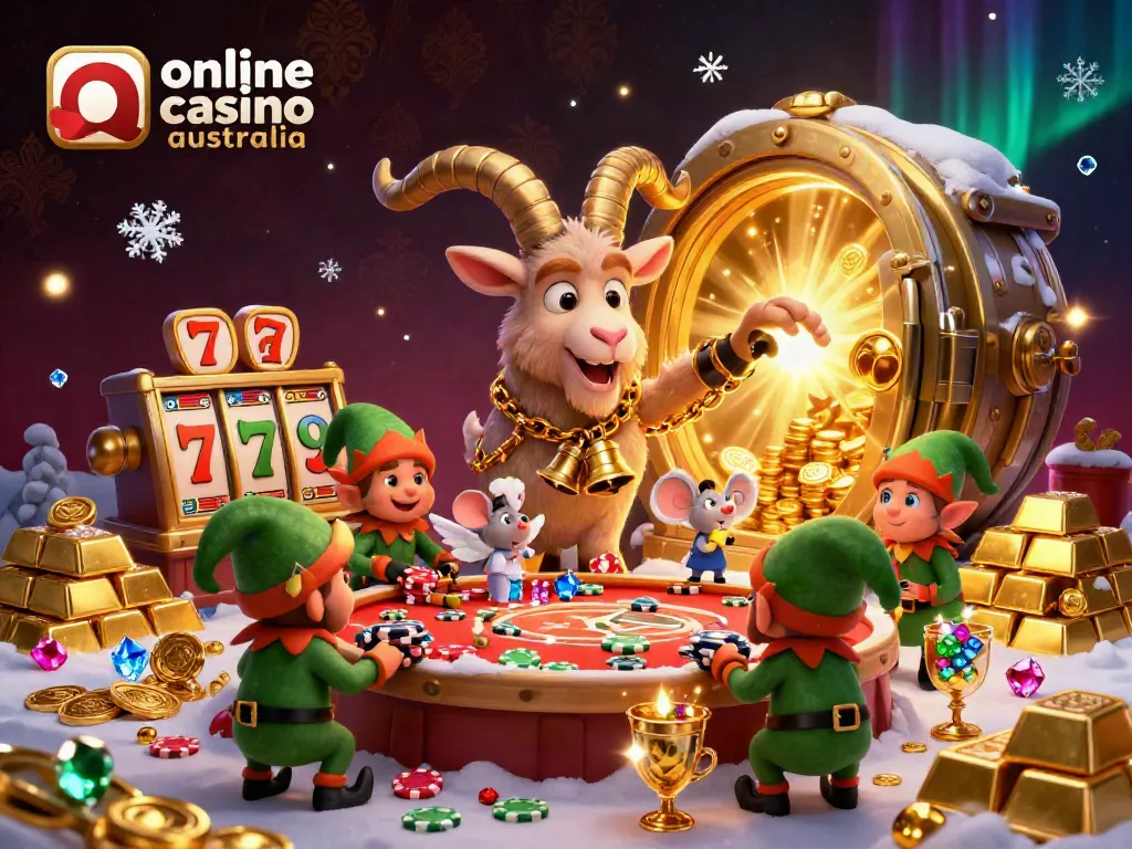 Enjoy captivating online casino games Australia with the Krampus goat managing a festive casino scene.