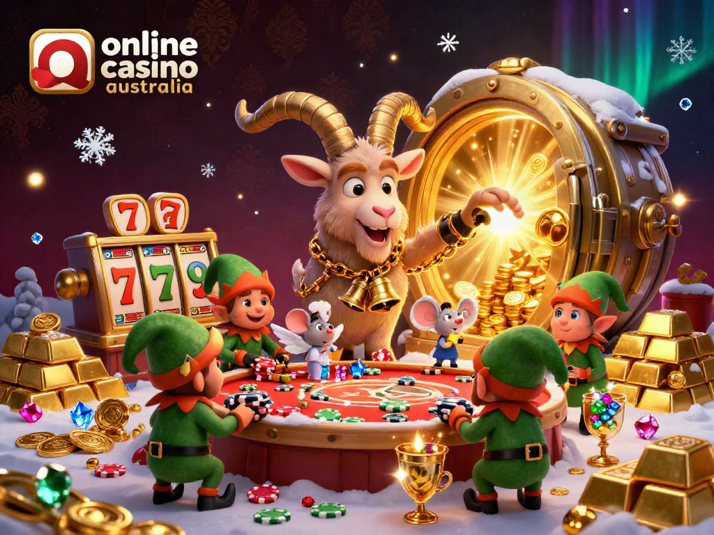 Enjoy captivating online casino games Australia with the Krampus goat managing a festive casino scene.