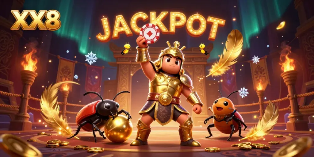 Engage in casino excitement with XX8, as the 3D beetle heroes celebrate a jackpot in a vibrant atmosphere.