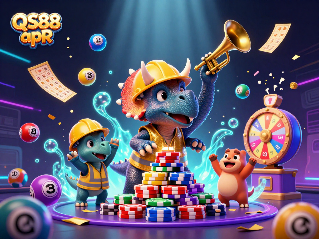 Engage in thrilling gaming action with QS88 apR, featuring a triumphant triceratops and vibrant casino elements.