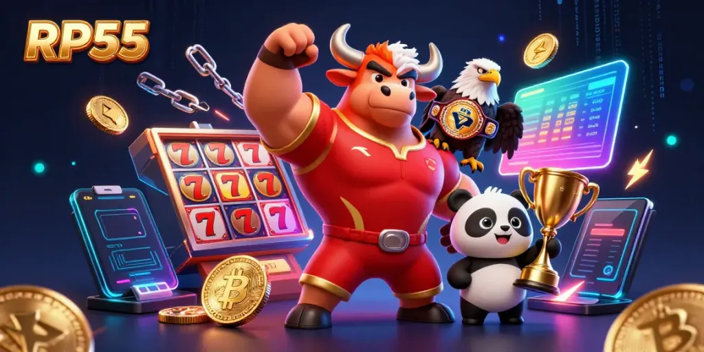 Experience the thrill of RP55 with a dynamic casino scene showcasing playful characters and vibrant gaming elements.