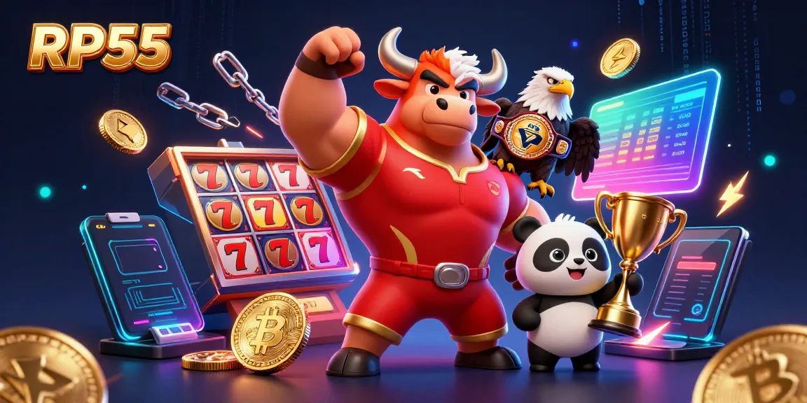 Experience the thrill of RP55 with a dynamic casino scene showcasing playful characters and vibrant gaming elements.
