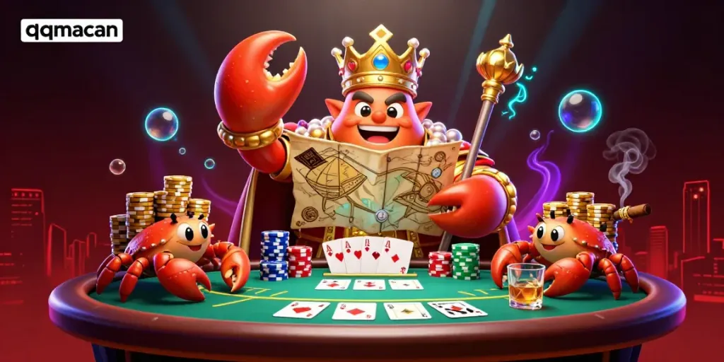 Engage in thrilling poker action with qqmacan's golden crab emperor and stacked chips!