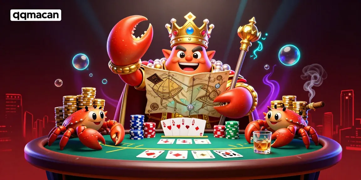 Engage in thrilling poker action with qqmacan's golden crab emperor and stacked chips!