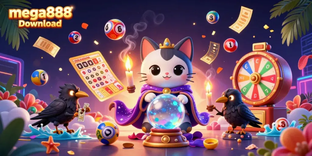 Experience the mega888 download with dynamic lottery elements featuring a mystic cat and glowing raven.