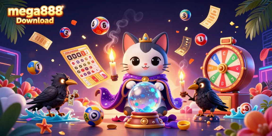 Experience the mega888 download with dynamic lottery elements featuring a mystic cat and glowing raven.